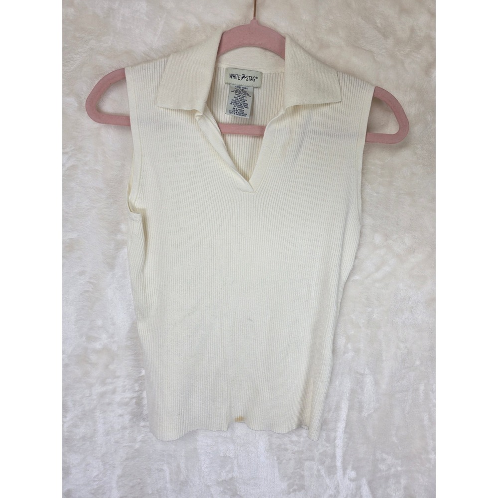 White Stag Womens Sleeveless Ribbed Knit Polo Shirt‎ V-Neck Cream Tusk Small